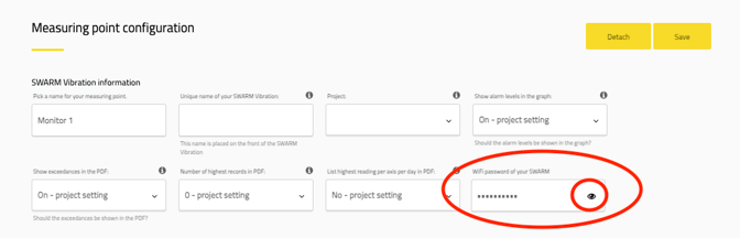 Each SWARM has a unique WiFi password, visible when connecting to a measuring point